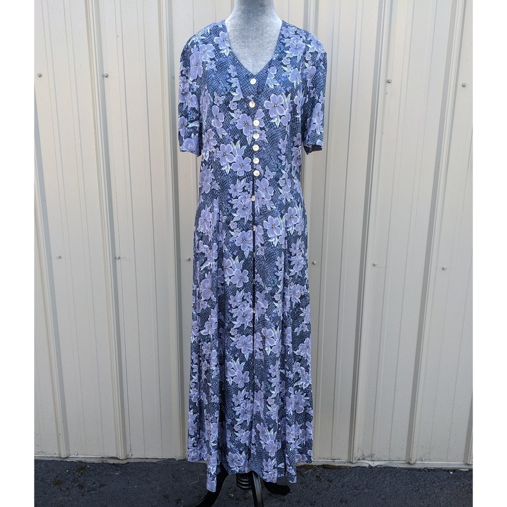 Vintage 90s Purple Floral Maxi Dress 12 Fairy Grunge Pearl Button Front Phoebe